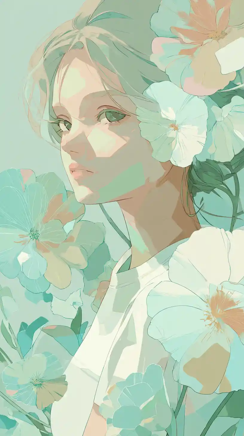 Anime girl with soft pastel floral illustration style