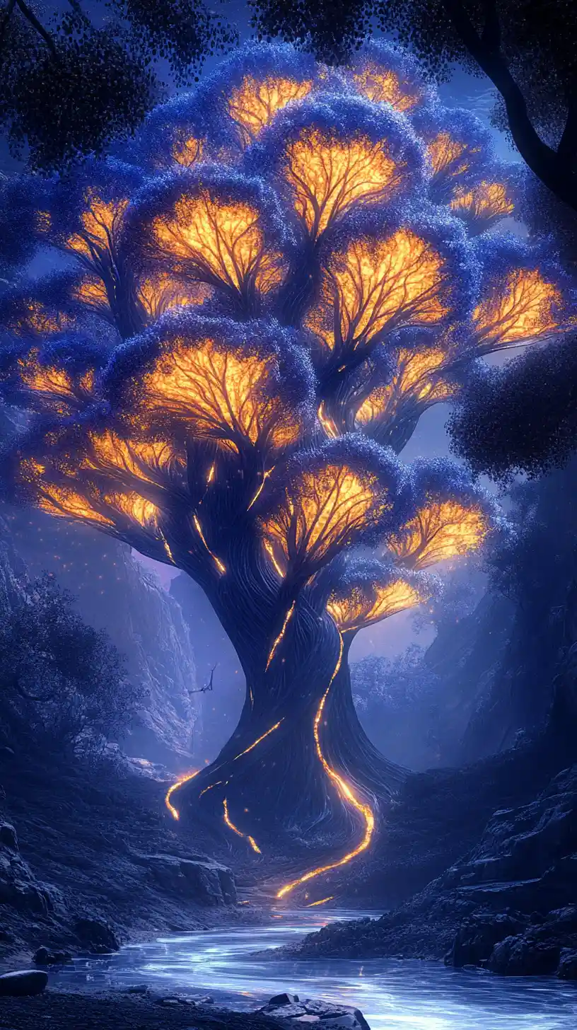 Glowing Fantasy Trees Above A Misty Canyon Stream