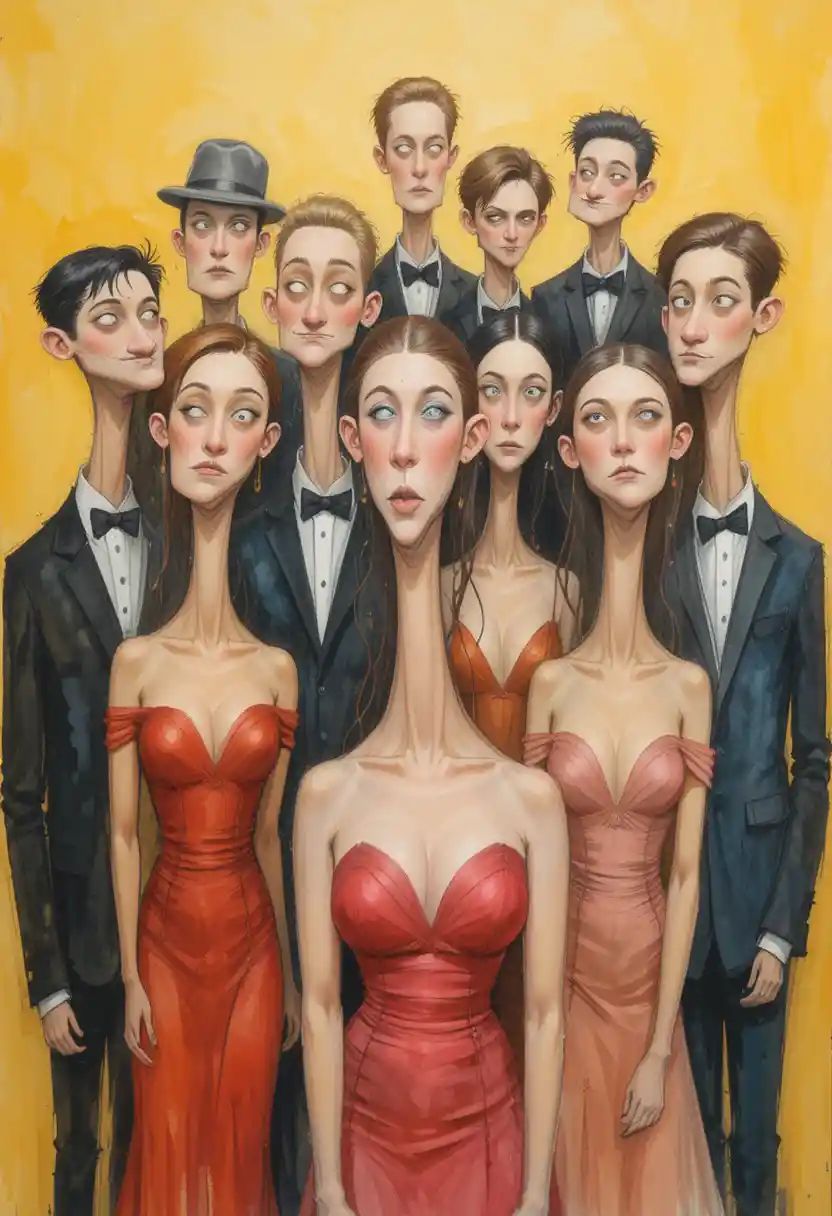 Surreal watercolor group of elegant figures on yellow gradient