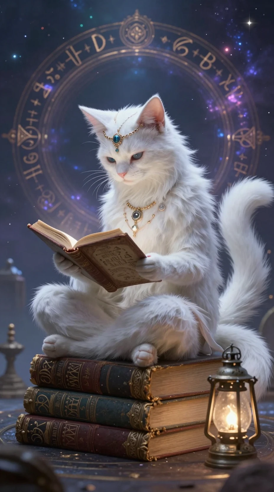 White furred cat fairy woman reading on stacked old books