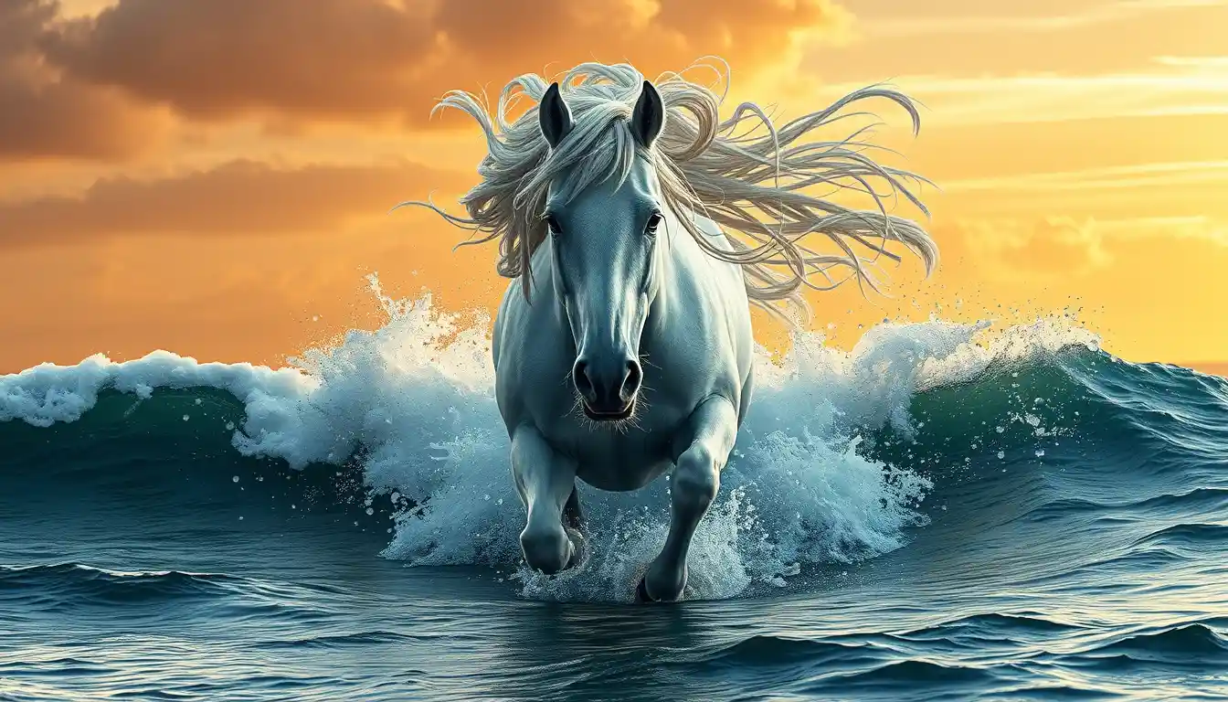White horse bursting from ocean waves at sunset