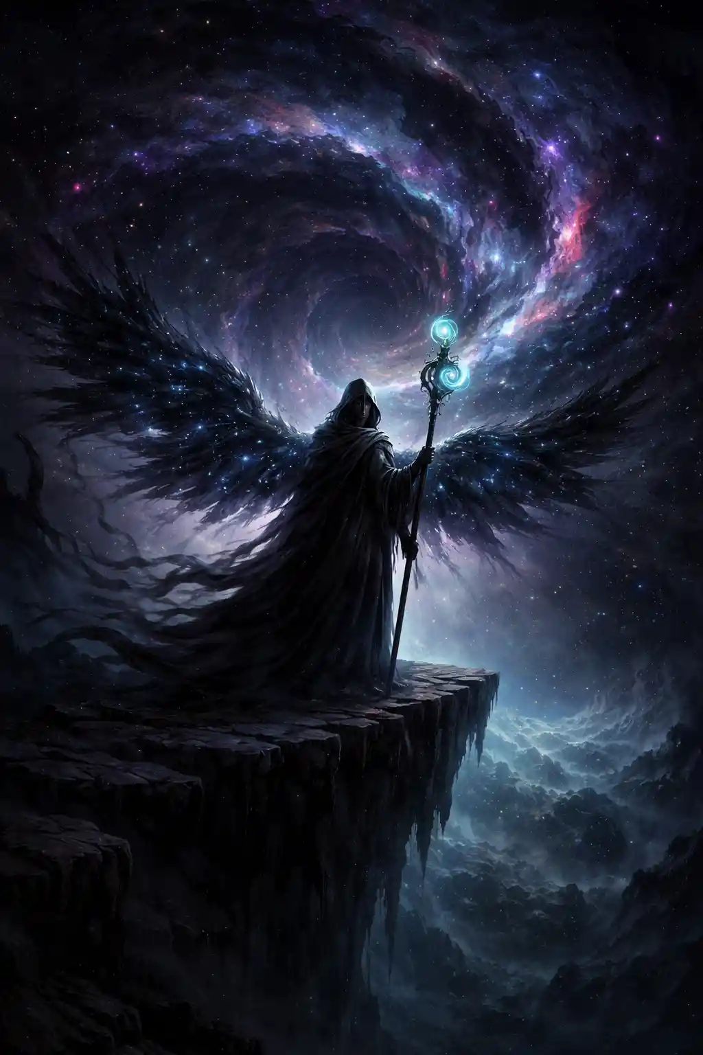 Cloaked winged figure on cliff before swirling cosmic void