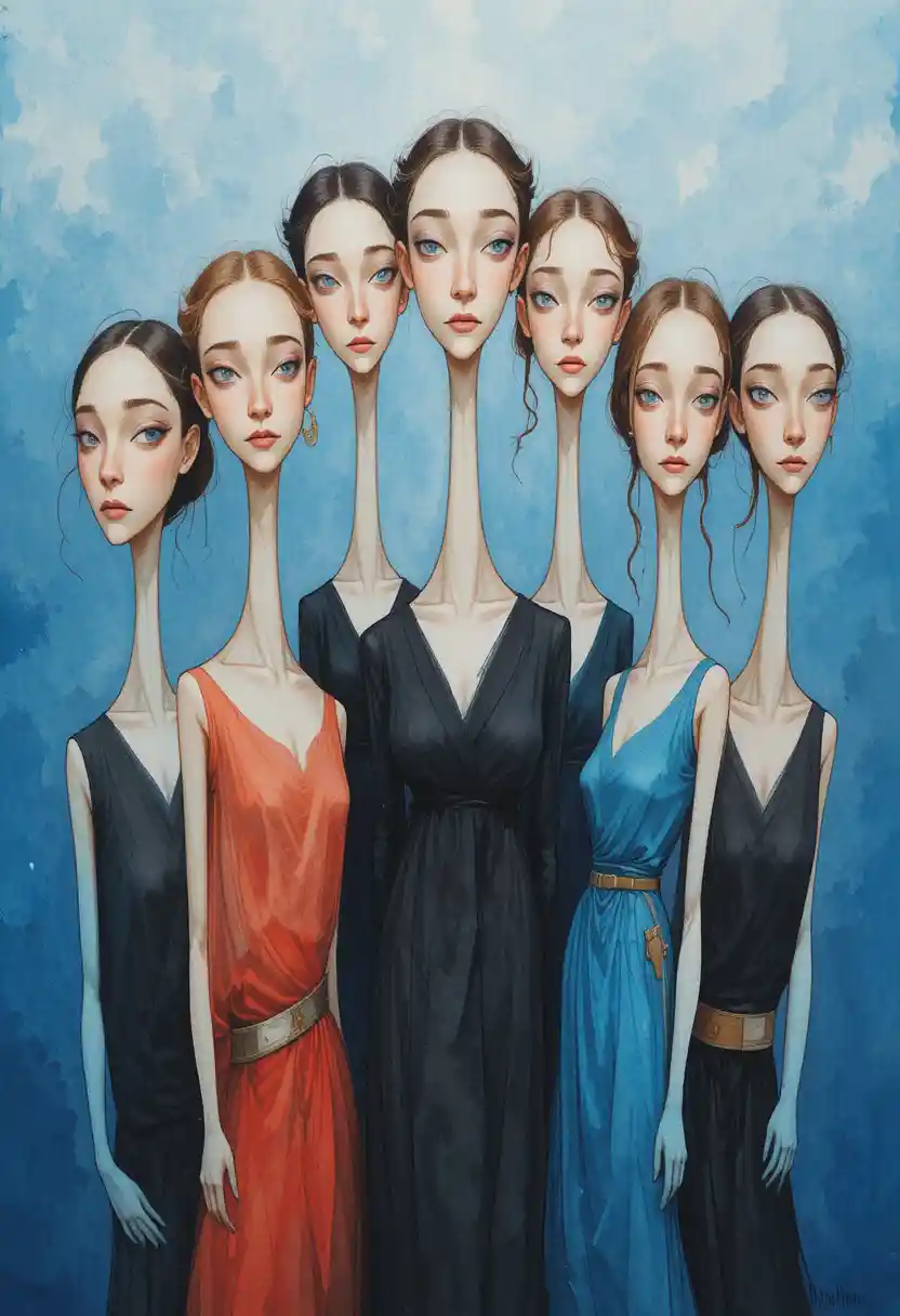 Surreal Watercolor Group Of Elegant Figures On Blue