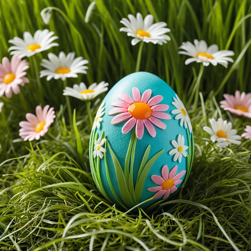 Uovo di Pasqua turchese e fiabesco con fiori nell’erba di primavera
