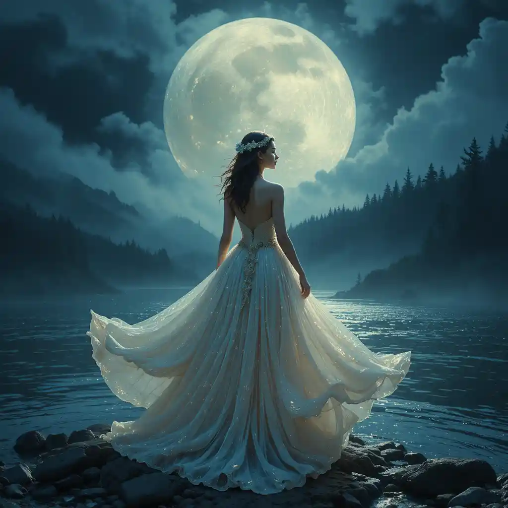 Mystical goddess in a shimmering gown by a moonlit river