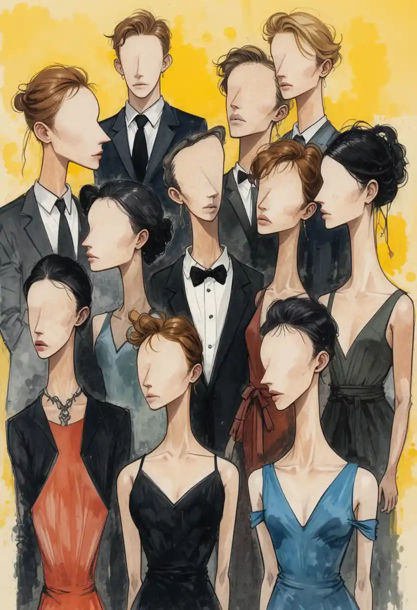 Watercolor group of nine elegant figures on yellow gradient