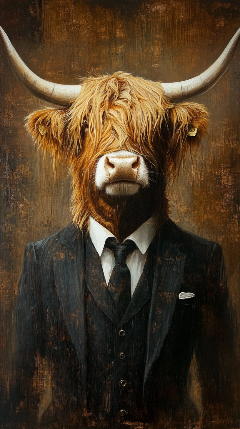 Scottish Highland cow in a suit against dark textured background