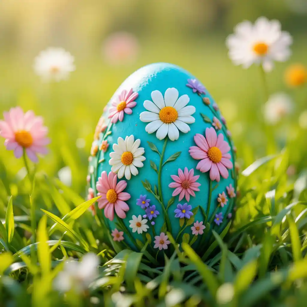 Turquoise Easter egg with floral details in spring grass