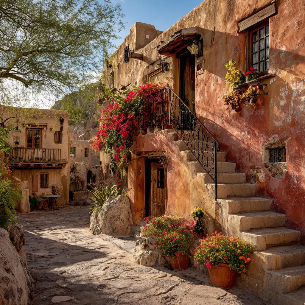 Old pueblo style adobe village along a winding cobblestone street