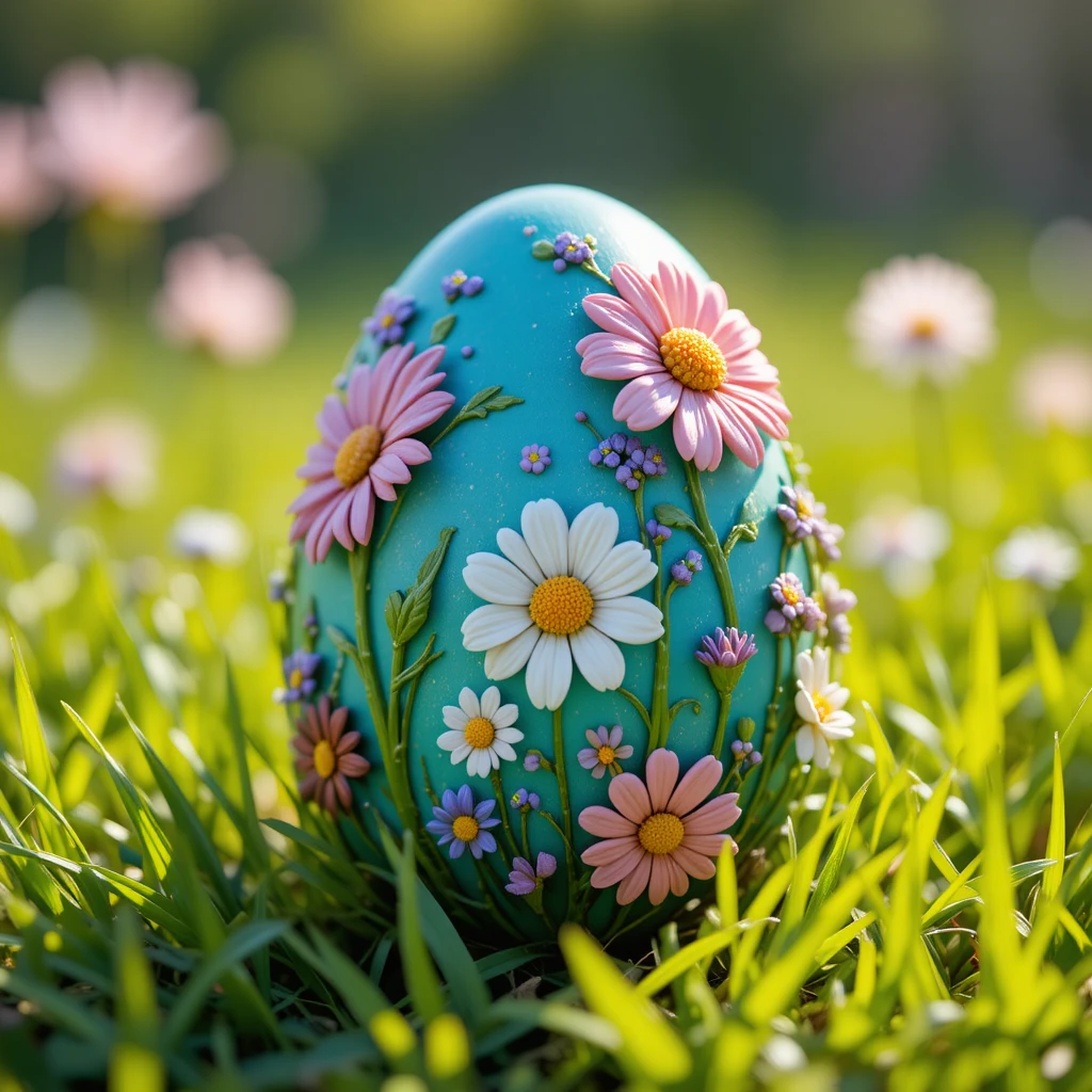 Turquoise Easter egg with floral details in green grass