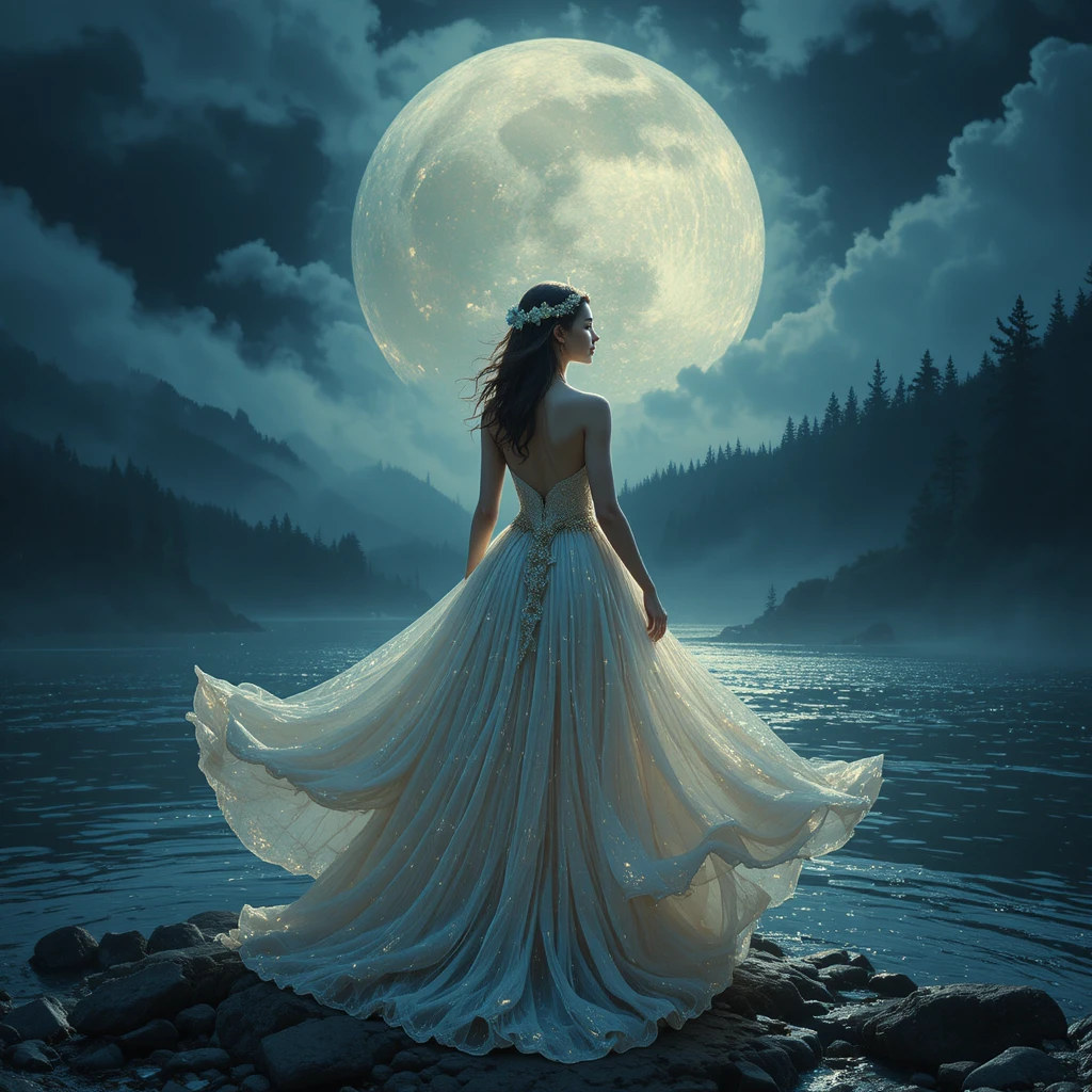 Mystical goddess in a shimmering gown by a moonlit river