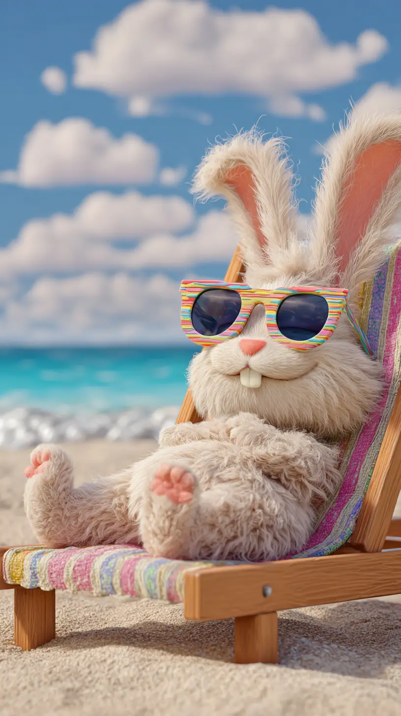 Anthropomorphic rabbit relaxing on a sunny tropical beach