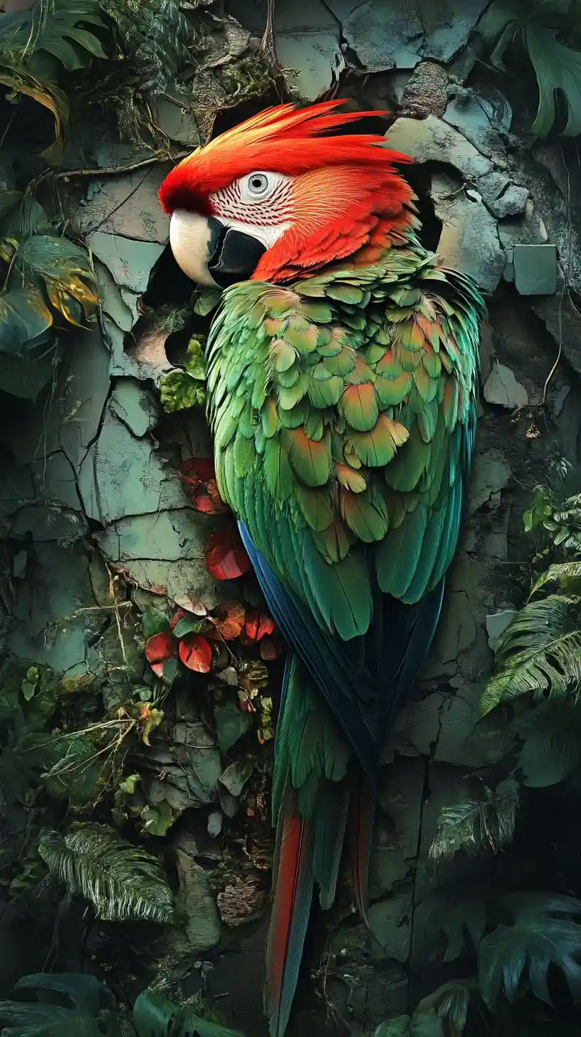 Surreal illusion artwork of a single colorful parrot