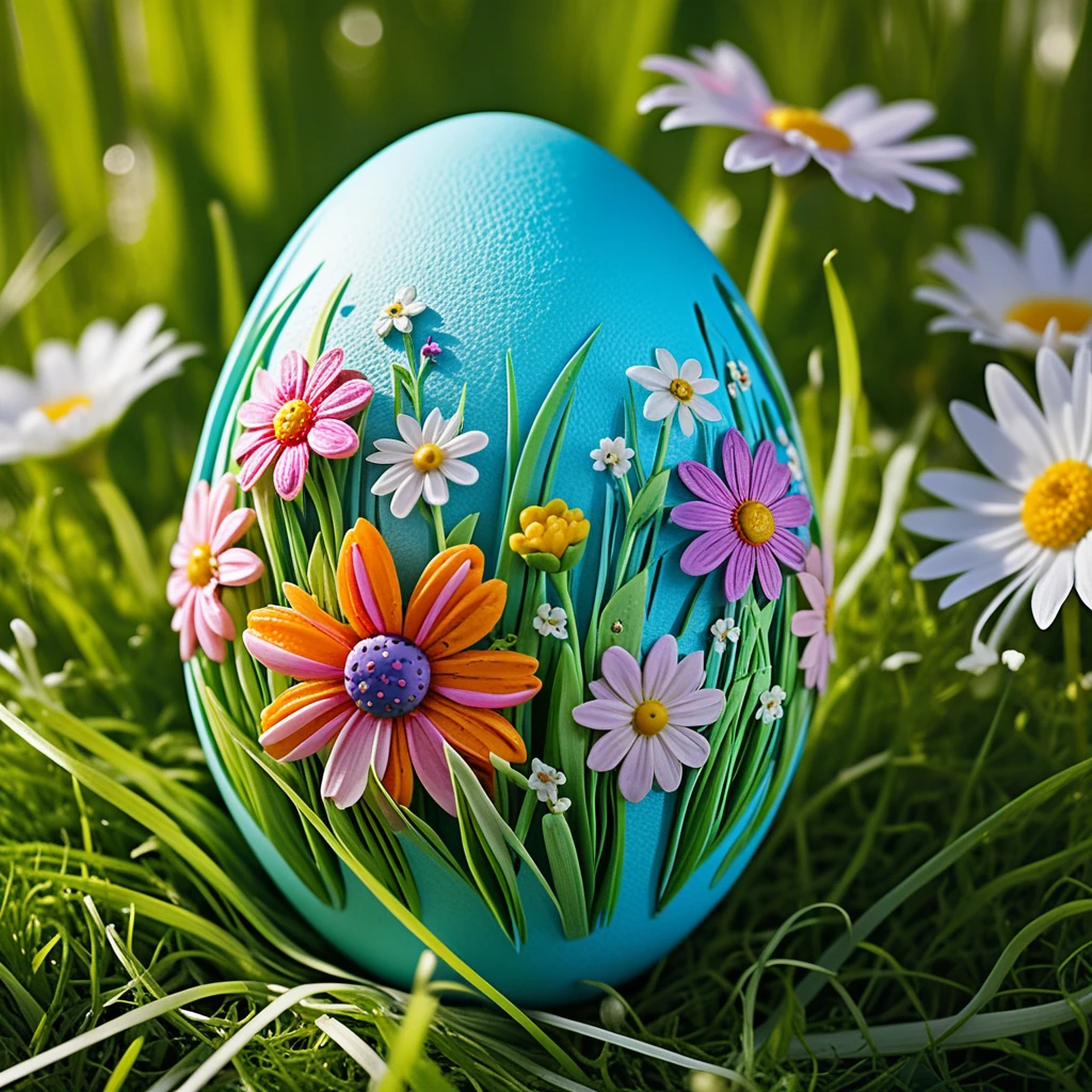 Decorated turquoise Easter egg nestled in bright spring grass