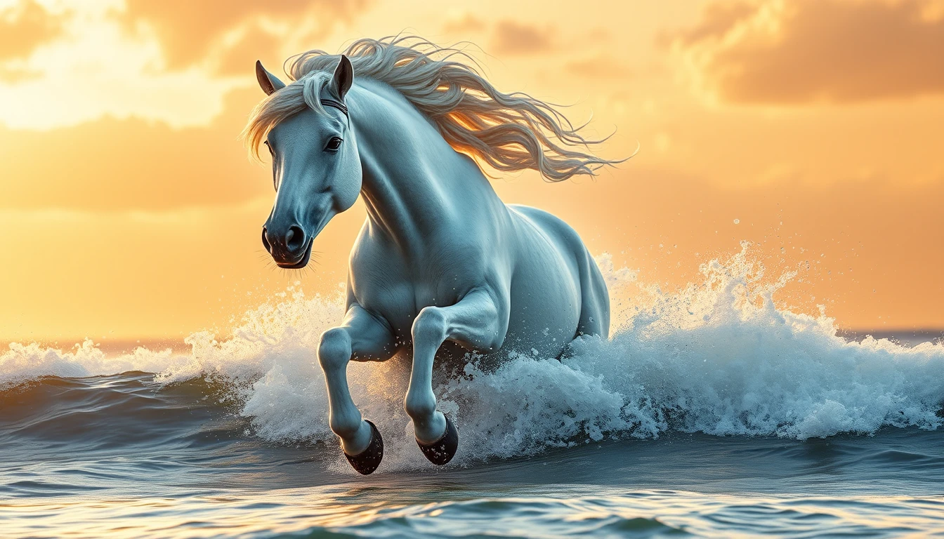 Majestic White Horse Charging From Ocean Waves At Sunset