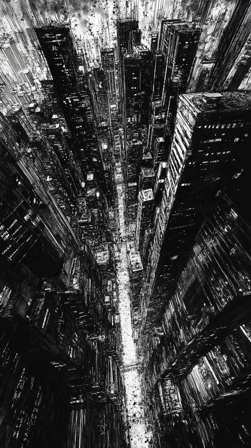Low angle ink cityscape with towering distorted buildings