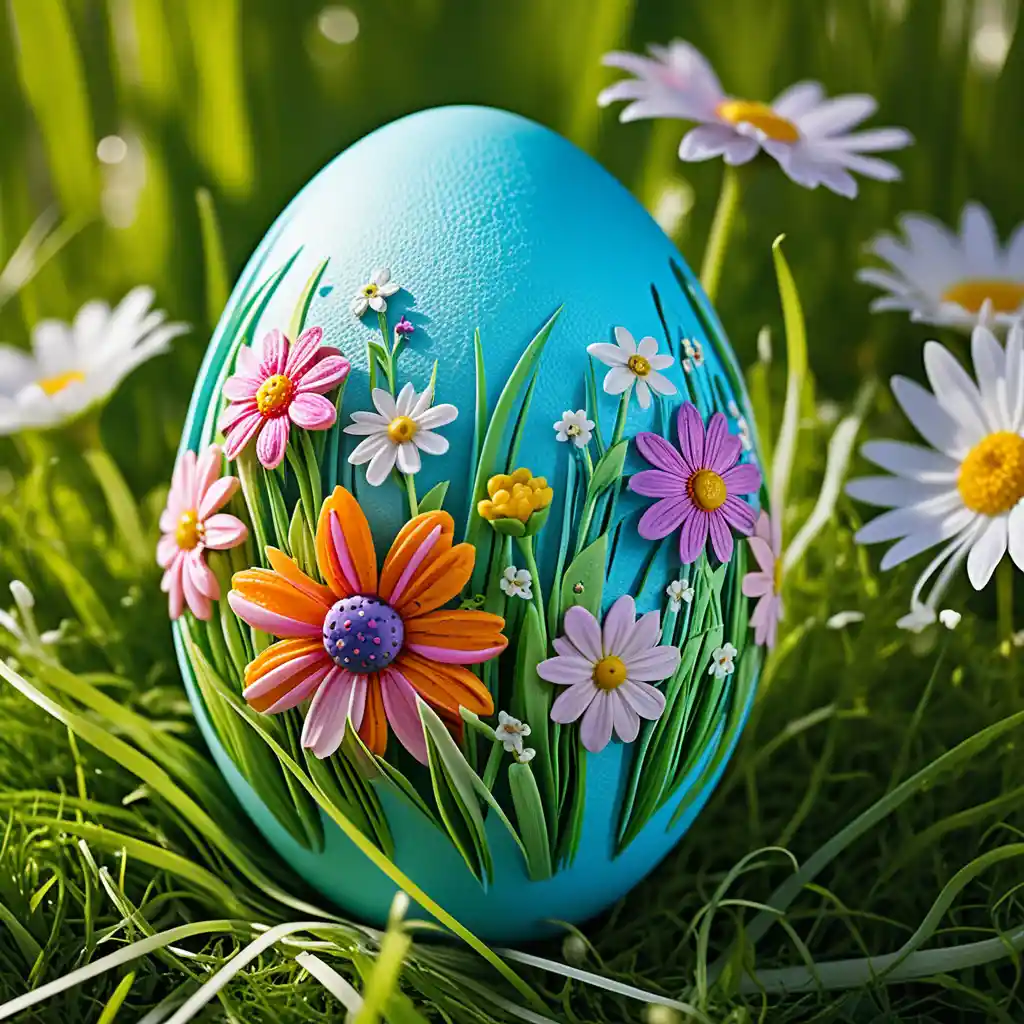 Decorated turquoise Easter egg nestled in bright spring grass