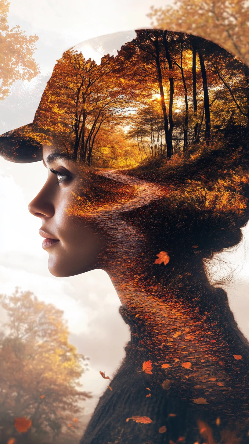 Ritratto surreale di donna fuso con una foresta autunnale al tramonto