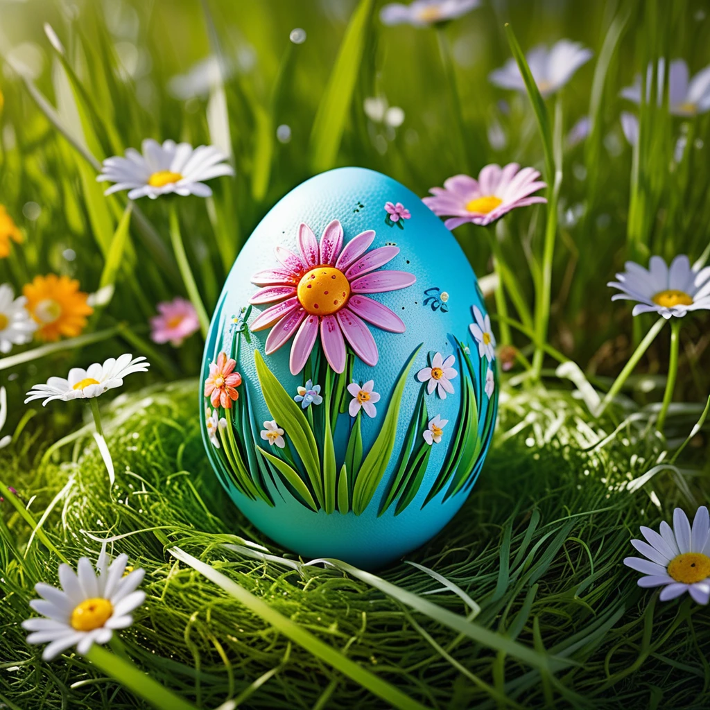 Decorated turquoise Easter egg nestled in bright green grass