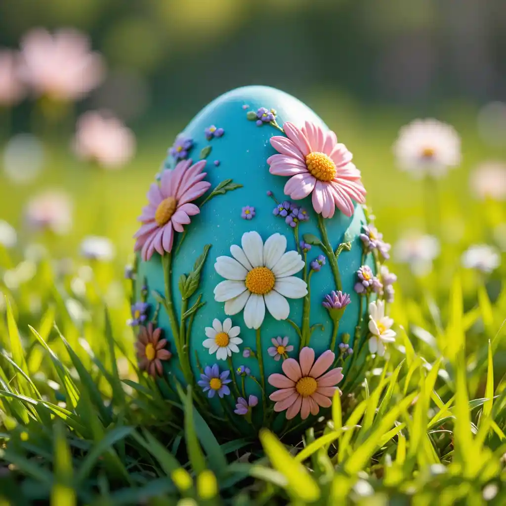 Turquoise Easter egg with floral details in green grass