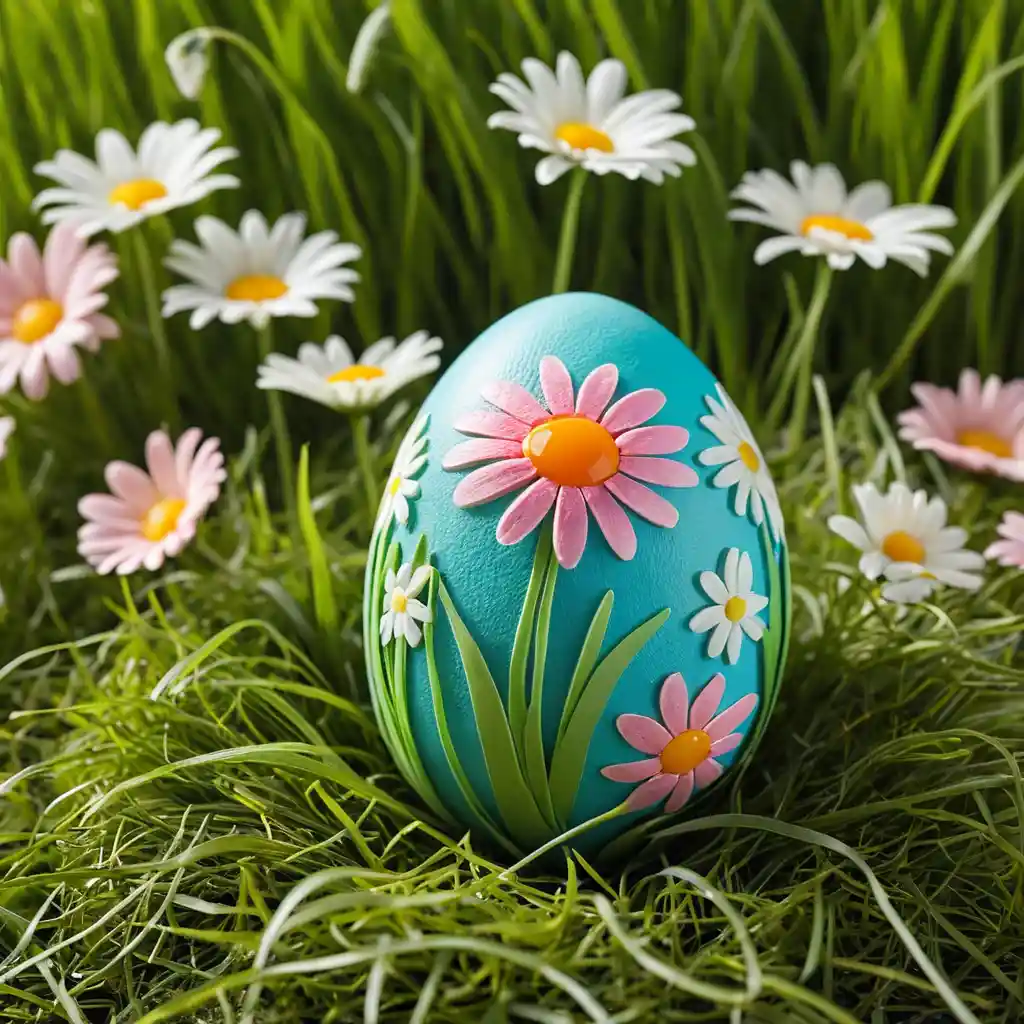 Whimsical turquoise Easter egg with flowers in spring grass