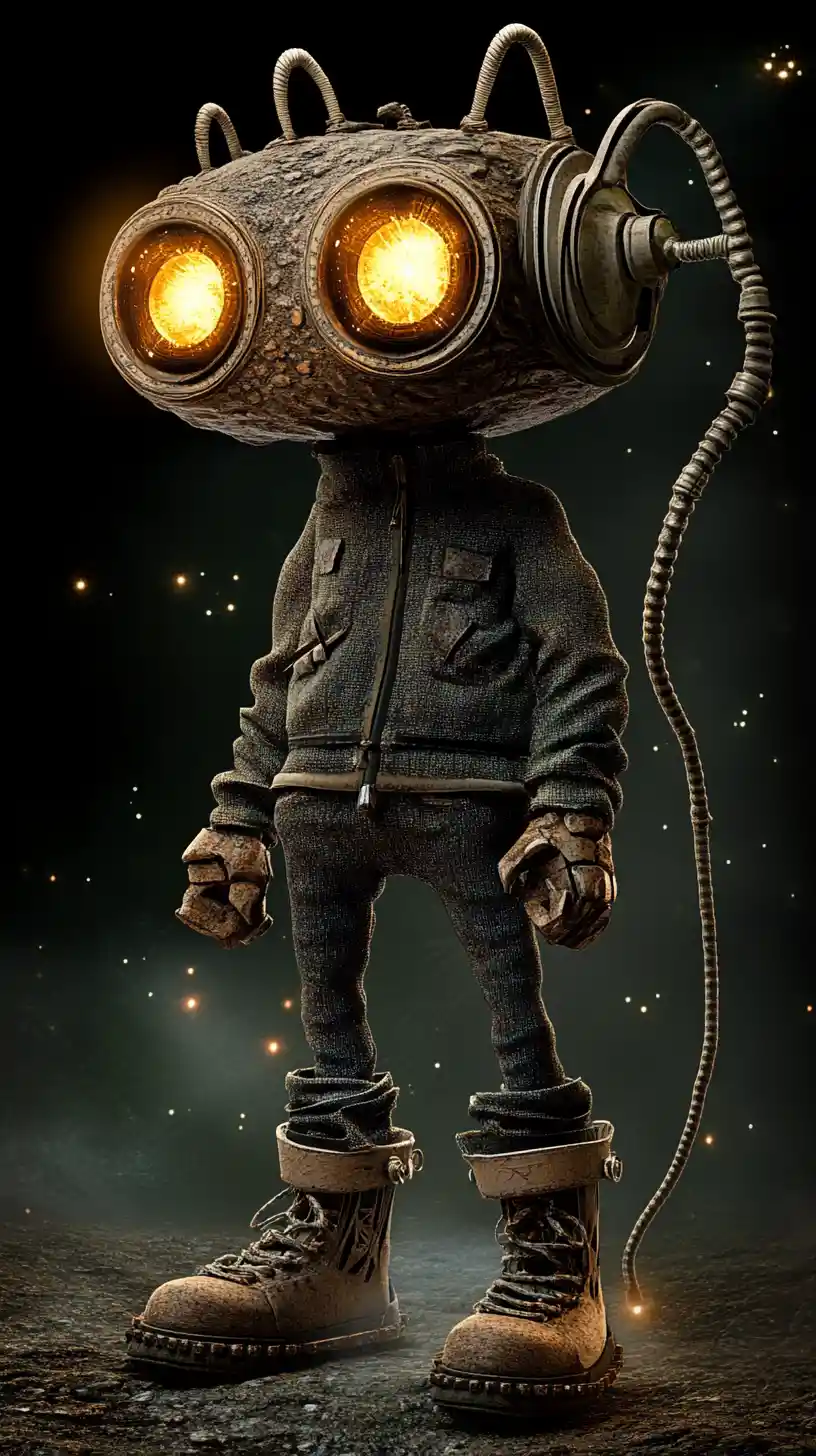 Verdrehter Cyberpunk-Humanoid in leuchtender himmlischer Landschaft