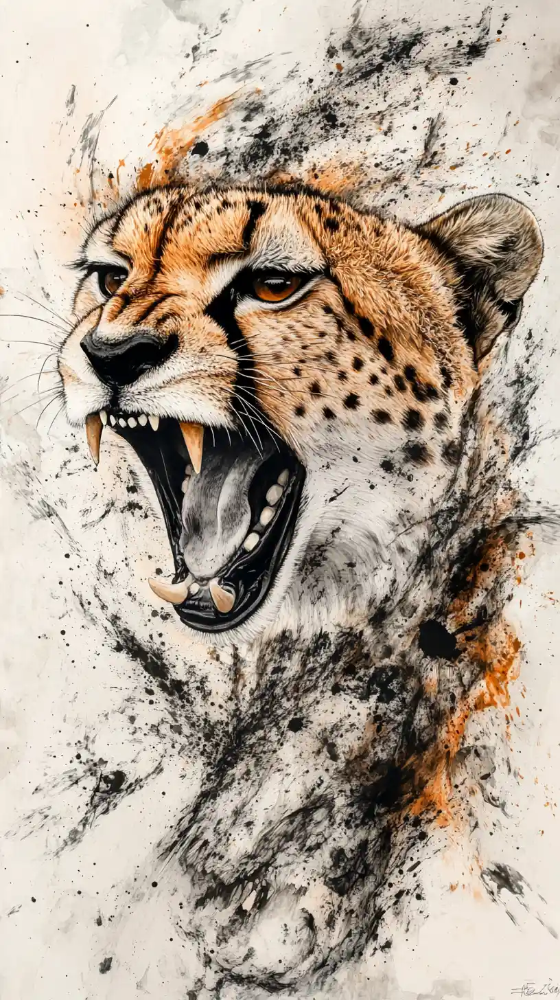 Surreal close up portrait of a snarling cheetah