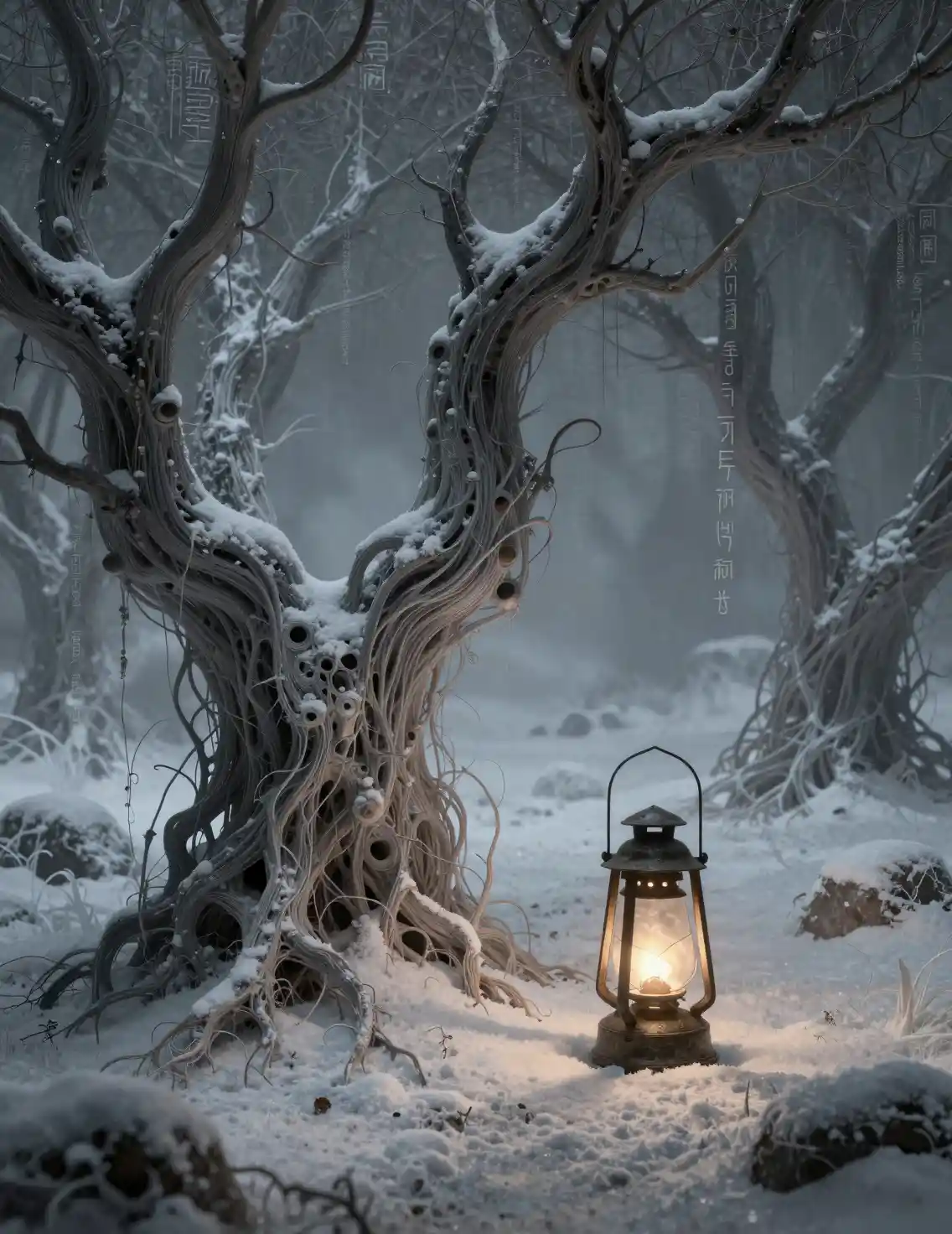 Ancient lantern glowing in a snowy mystical wasteland