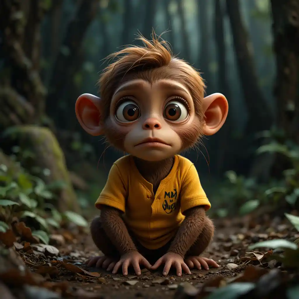Sad small monkey in yellow shirt alone in dark jungle