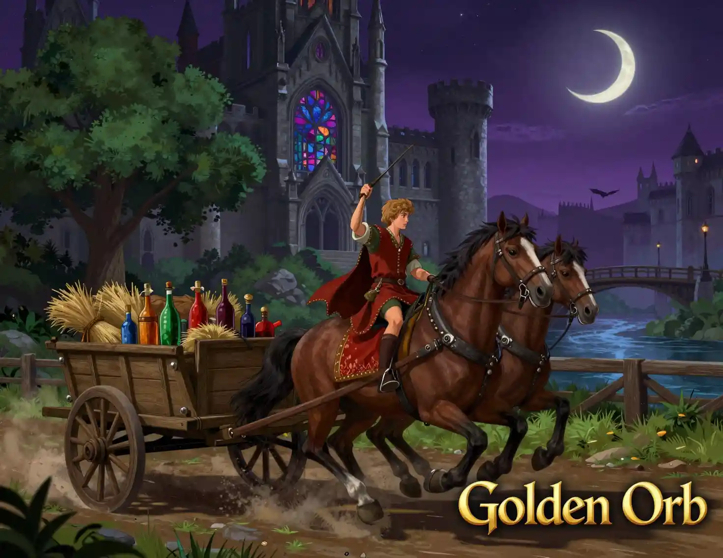 Young prince driving a horse cart toward a distant castle