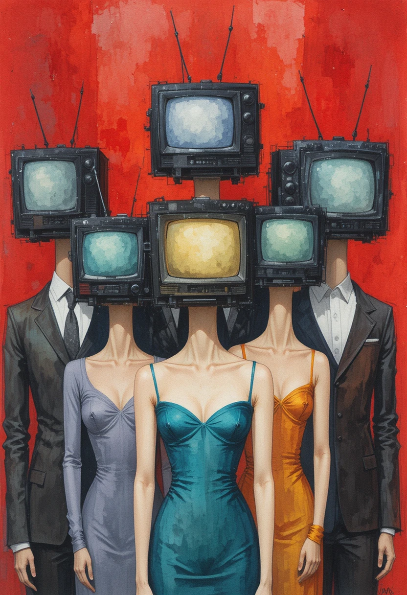 Surreal actors with television heads on red watercolor background