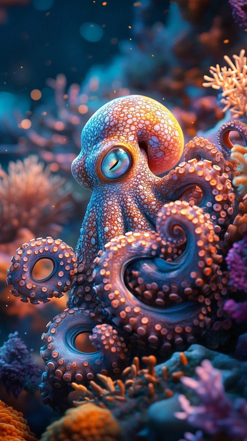 Oktopus ruht im sonnenbeschienenen Korallenriff in Meerestiefe