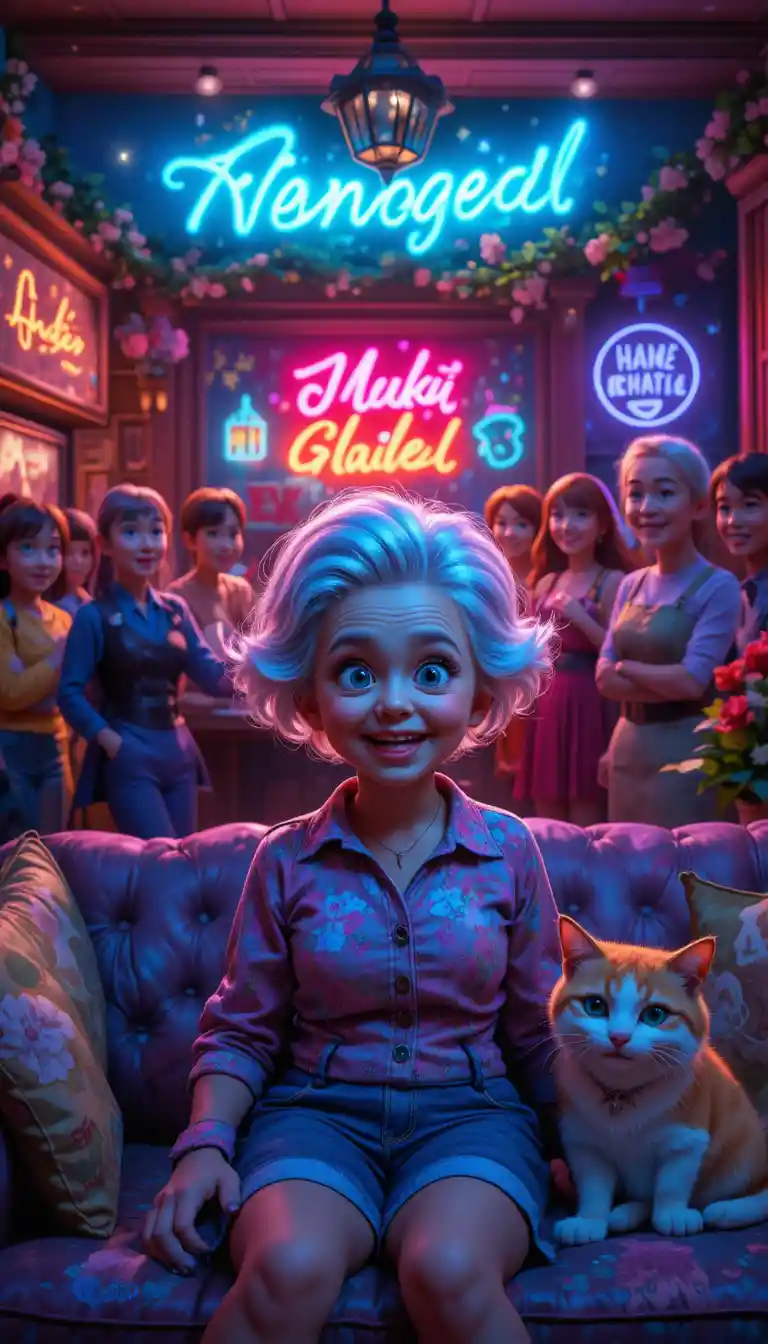 Playful child outside colorful neon nightclub cartoon scene