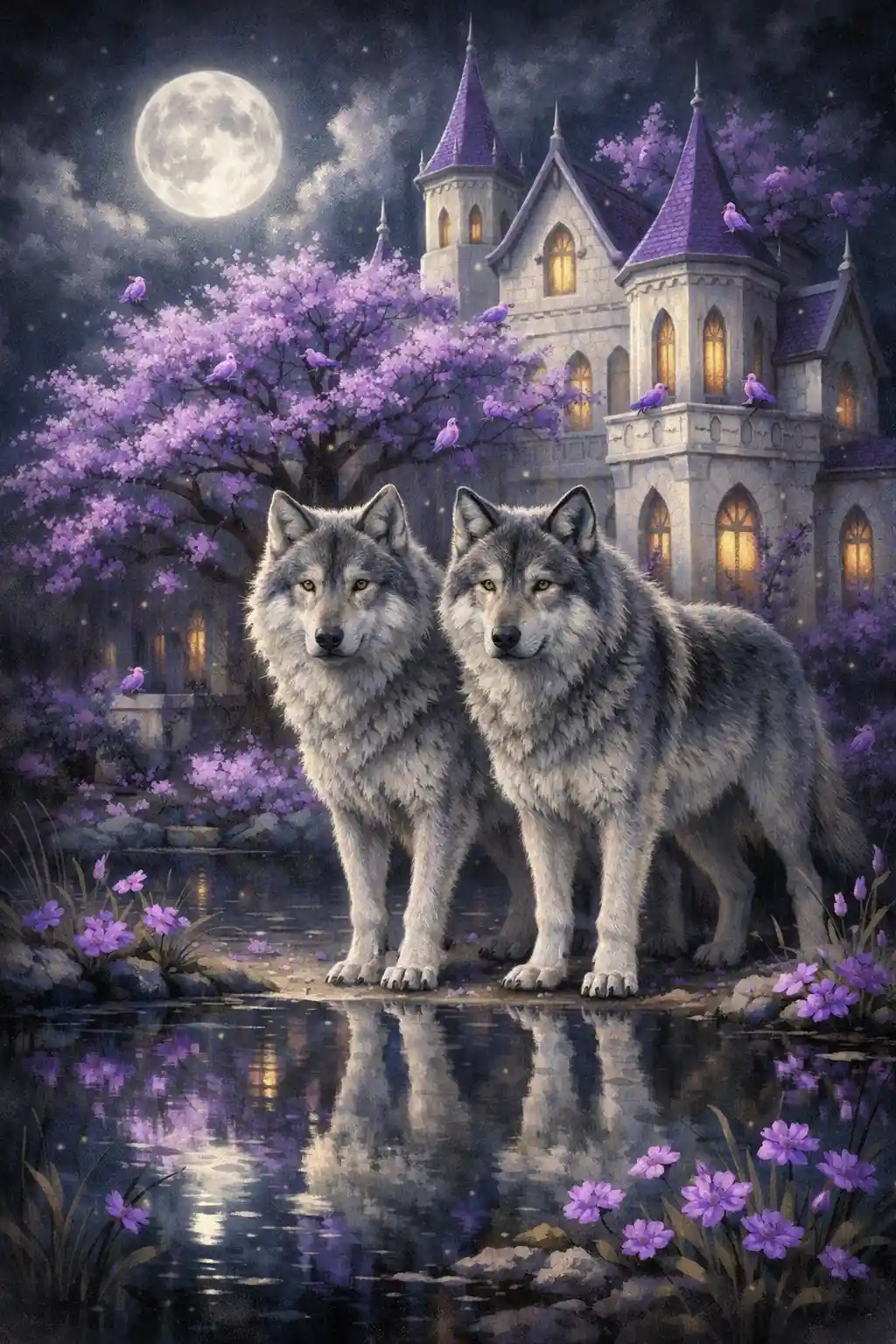 月光下幻想宮殿旁的兩隻狼與水中倒影