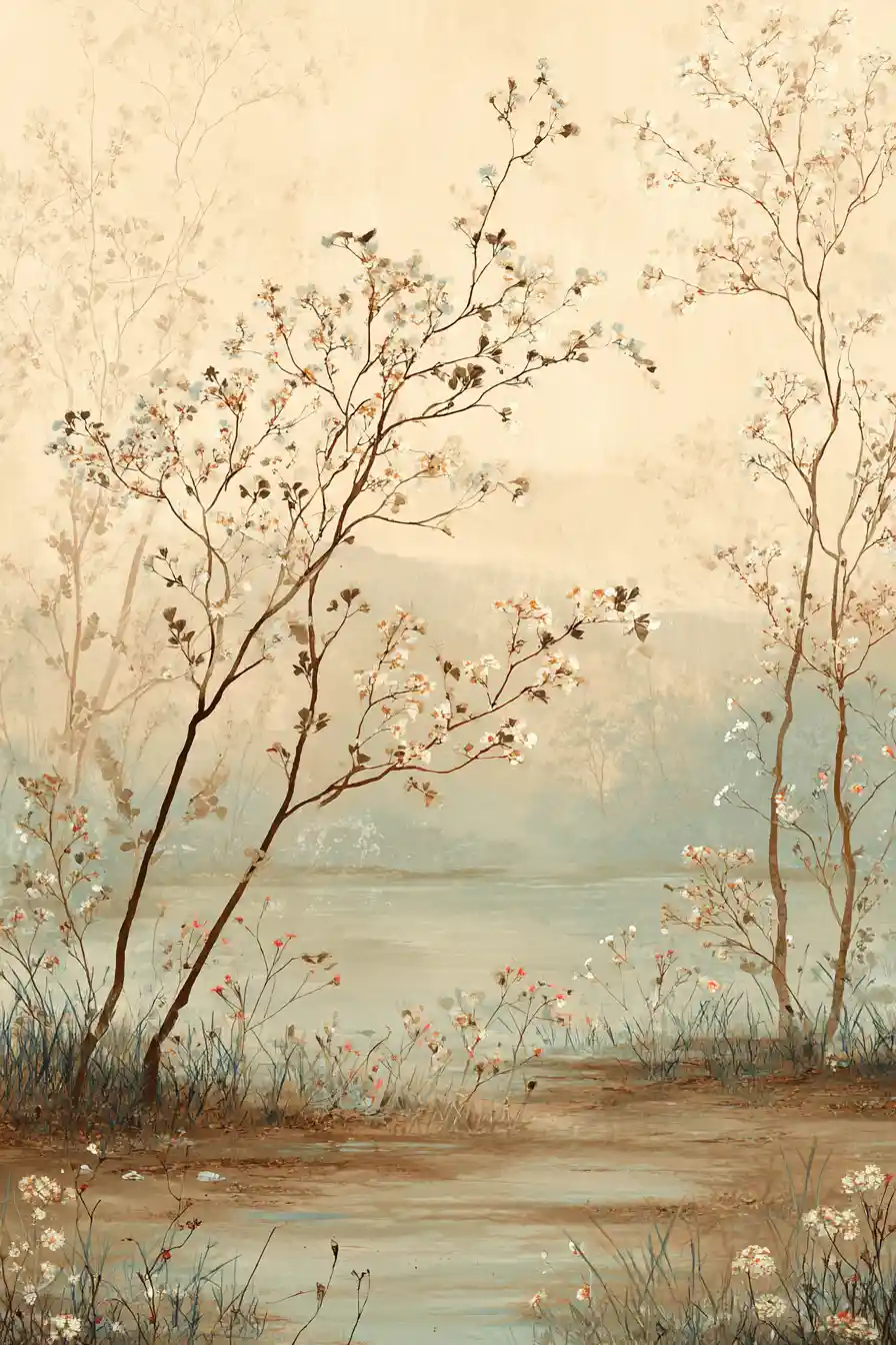 Serene misty landscape with trees and delicate flowers