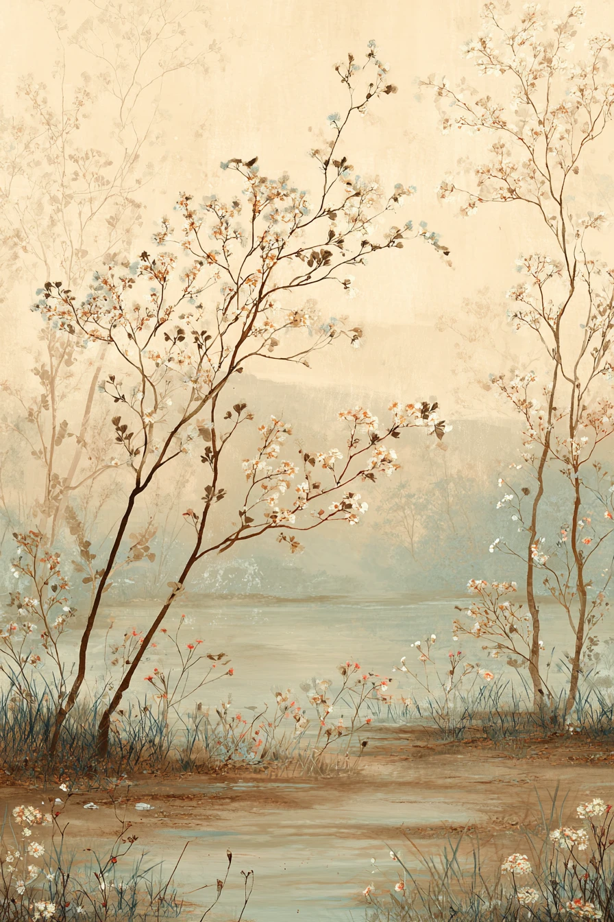 Serene misty landscape with trees and delicate flowers