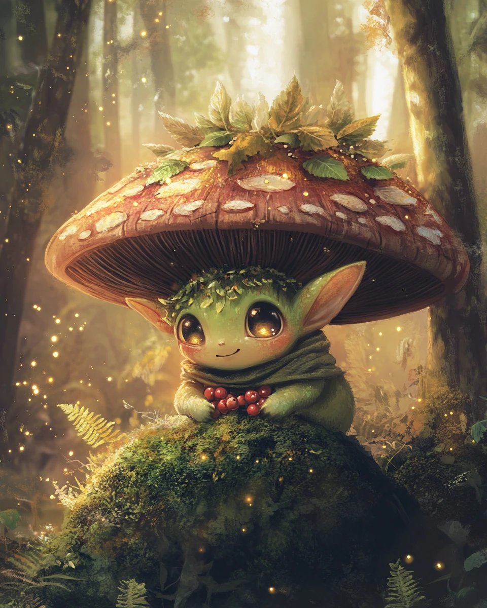Shy forest creature hiding behind a giant mossy mushroom