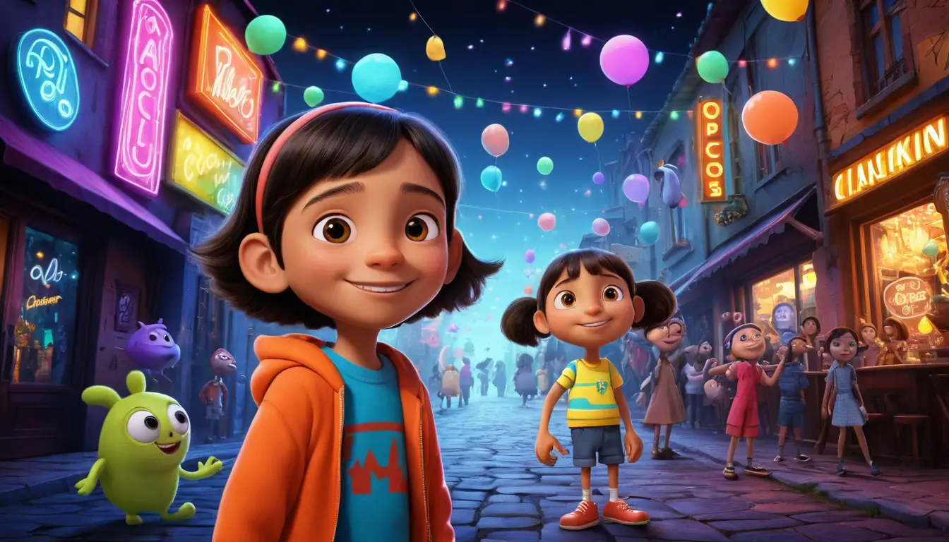Smiling child outside neon nightclub in cartoon style