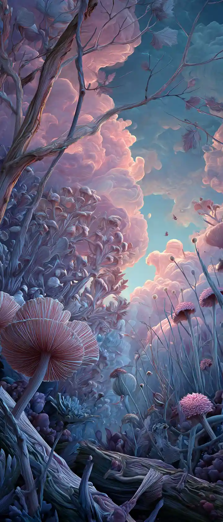 Surreal dreamscape blending nature and musical elements in pastel tones