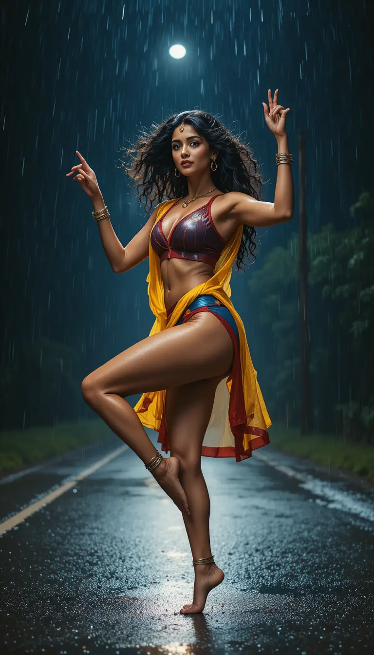 Indian woman dancing on wet roadside at night