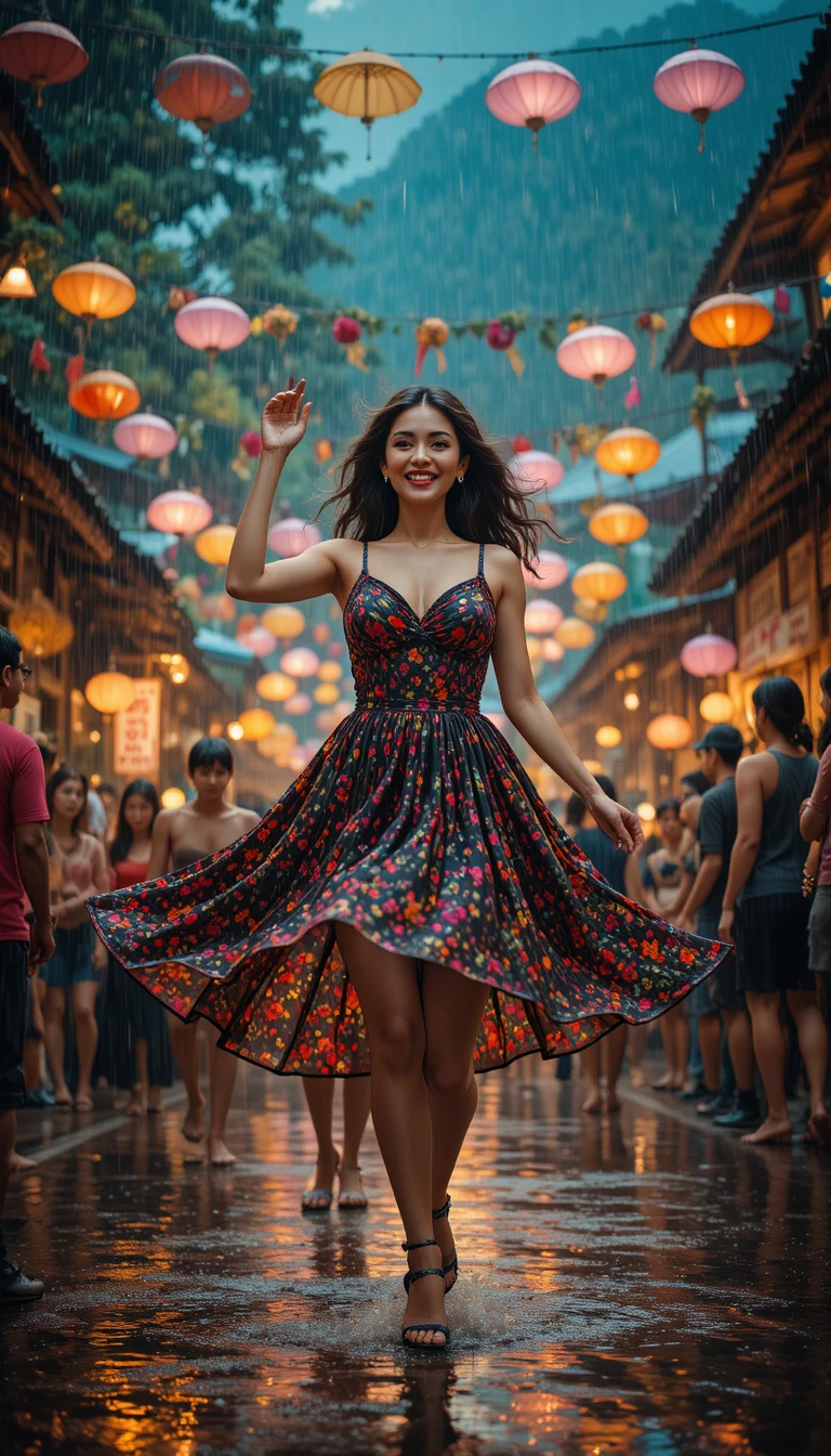Woman dancing in monsoon village festival rain at night
