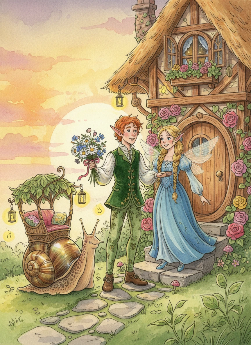 Piccolo elfo che porta fiori alla porta di una casa delle fate