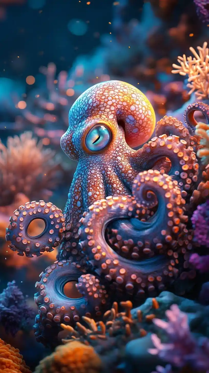 Octopus Resting In Sunlit Coral Reef At Ocean Depth