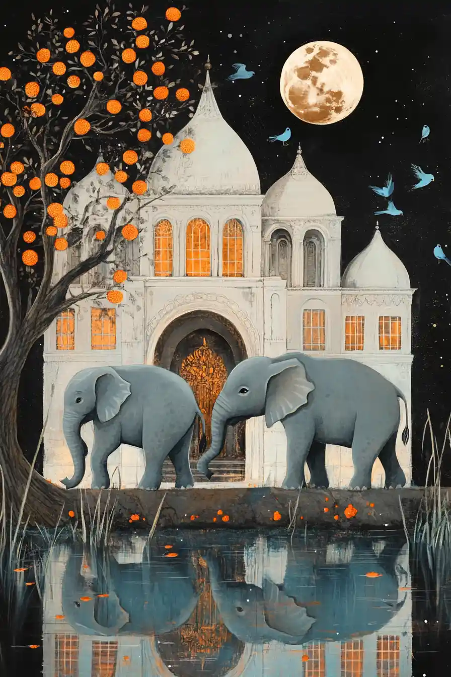 Two gray elephants by a moonlit fantasy palace