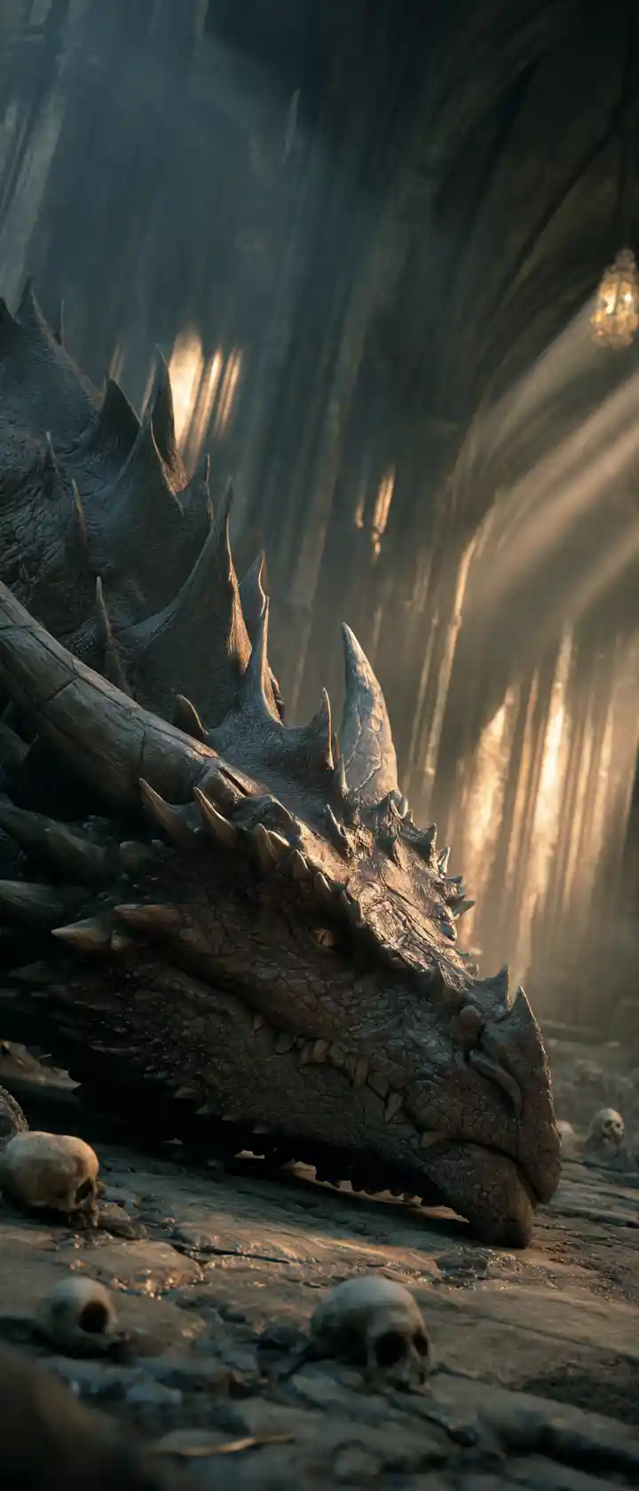 Ancient dragon looming inside a gothic cathedral cavern