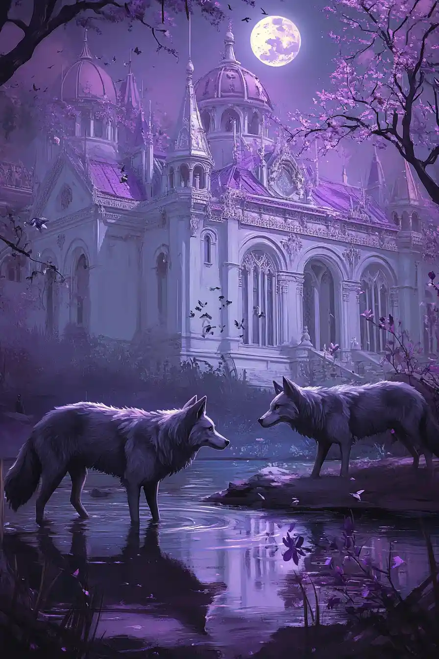 Two tundra wolves before a moonlit violet fantasy palace
