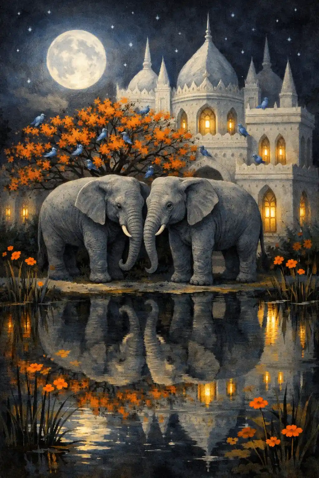 Two Gray Elephants Before Ornate Moonlit Palace With Reflection