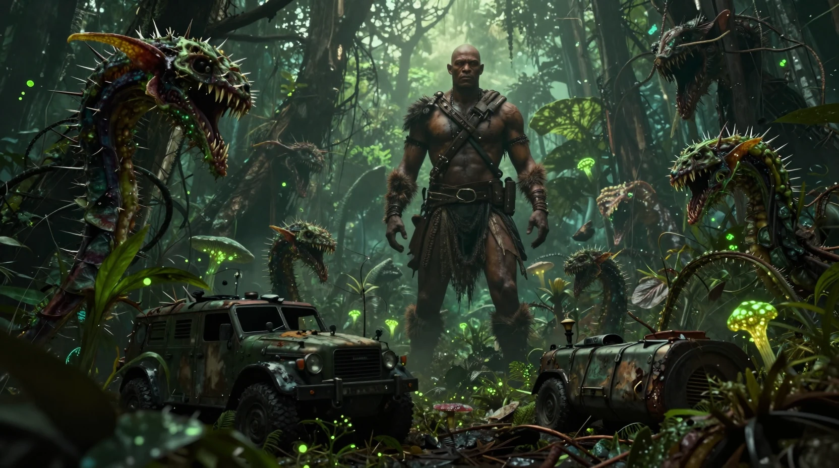 Cinematic warrior guarding a mutated post apocalyptic rainforest