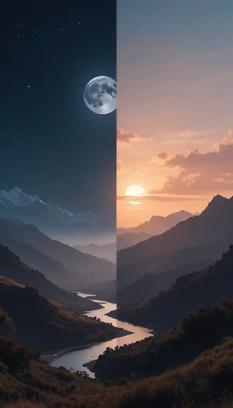 Panoramic valley split between moonlit night and glowing dawn
