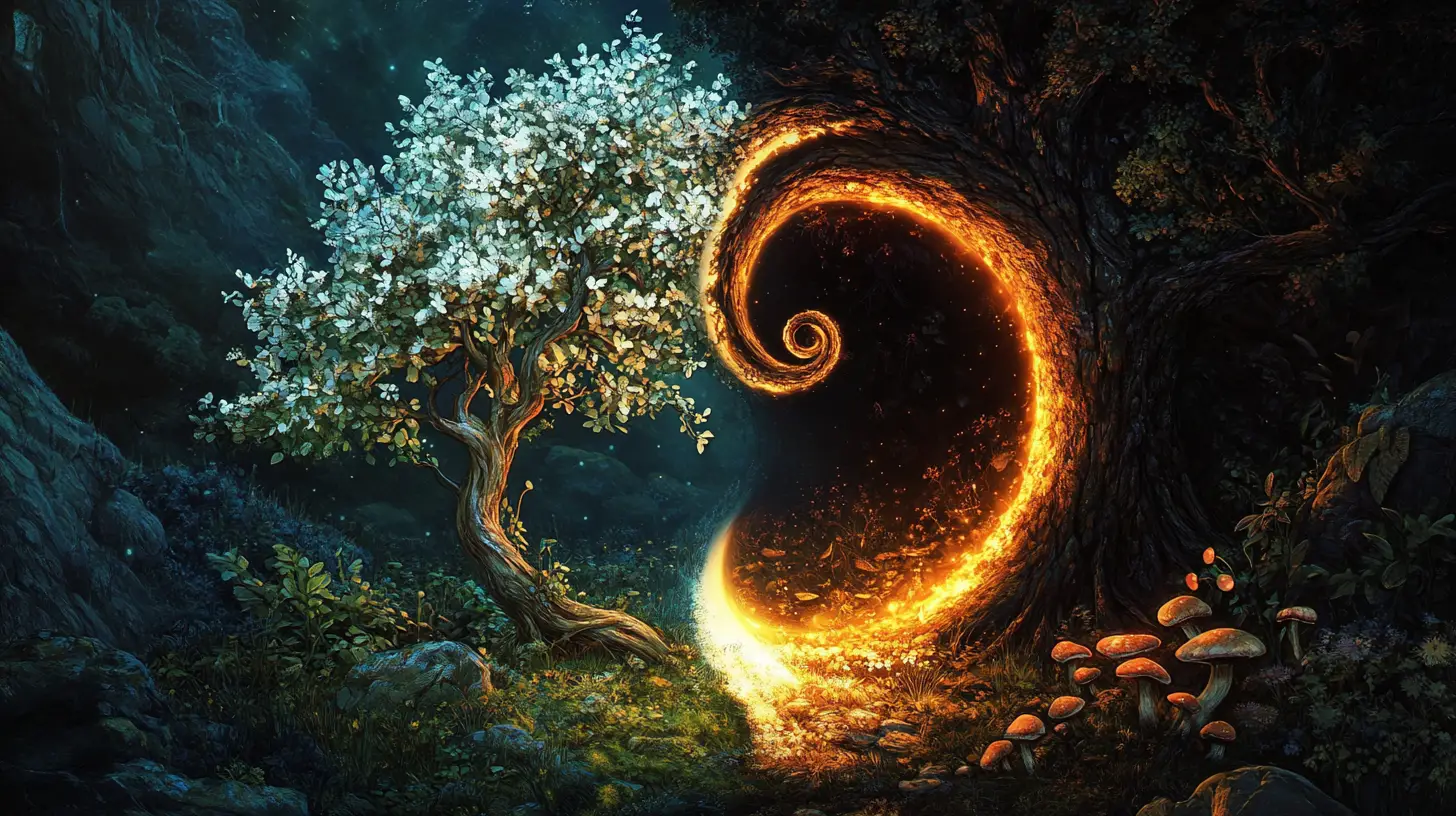 Yin yang trees of life and decay with glowing details